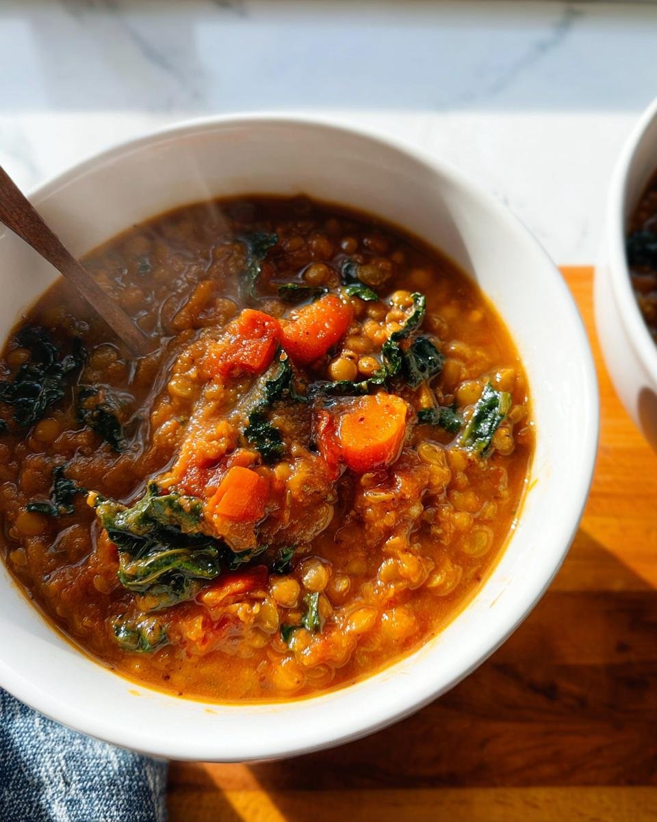 Close-up of a steaming white bowl filled with Simple Lentil Soup, featuring lentils, chunks of carrot, and dark green kale.