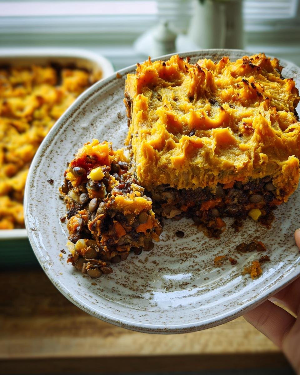 A serving of low-calorie shepherd's pie with sweet potato topping over a lentil base, held on a speckled plate.