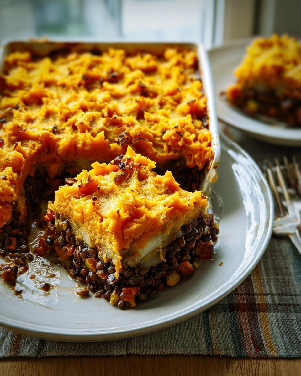 A slice of low-calorie dinner idea: lentil shepherd's pie with sweet potato topping.