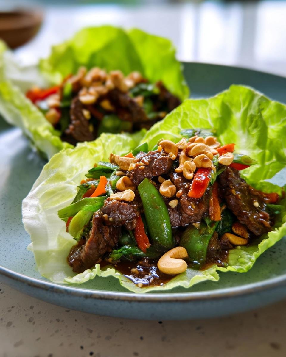 Two servings of beef stir-fry served in crisp lettuce cups, topped with cashews, perfect for Simple Low-Carb Dinner Ideas.