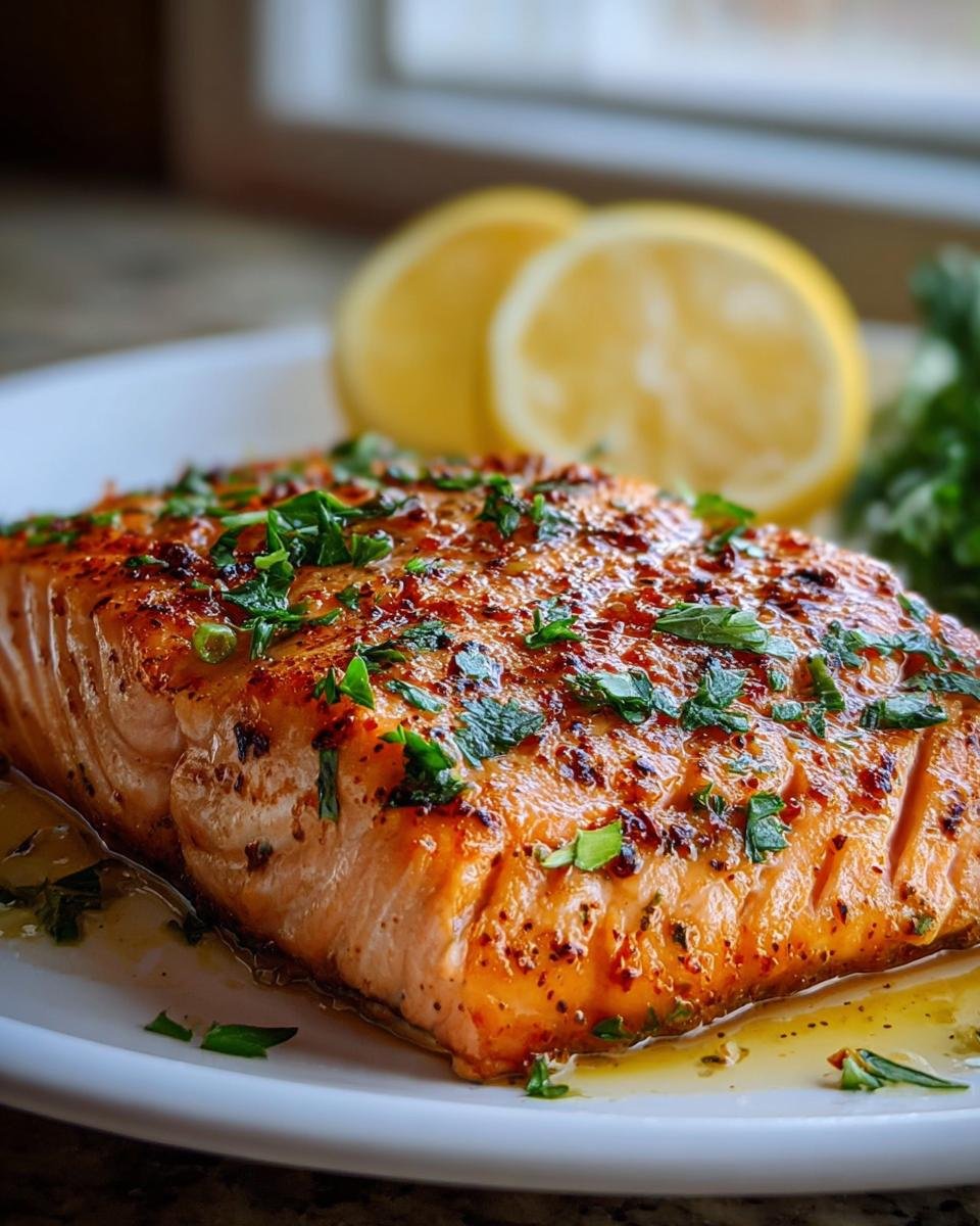 Close-up of a perfectly cooked Simple Texas Roadhouse Salmon Recipe fillet topped with herbs and butter sauce.