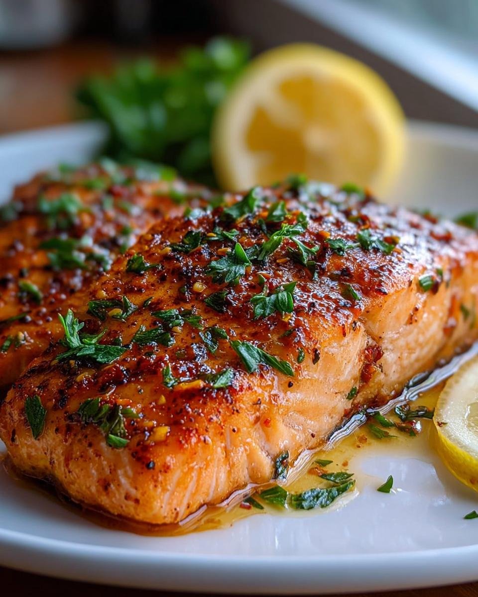 Two glazed salmon fillets topped with herbs, part of a Simple Texas Roadhouse Salmon Recipe, served with lemon slices.