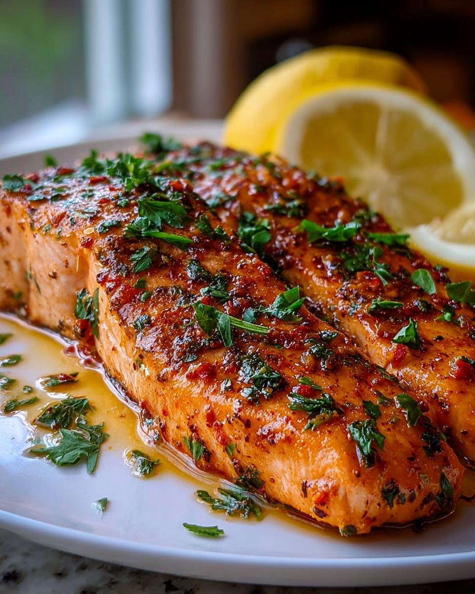 Two glazed salmon fillets topped with herbs, resting in sauce, with lemon slices in the background for the Simple Texas Roadhouse Salmon Recipe.