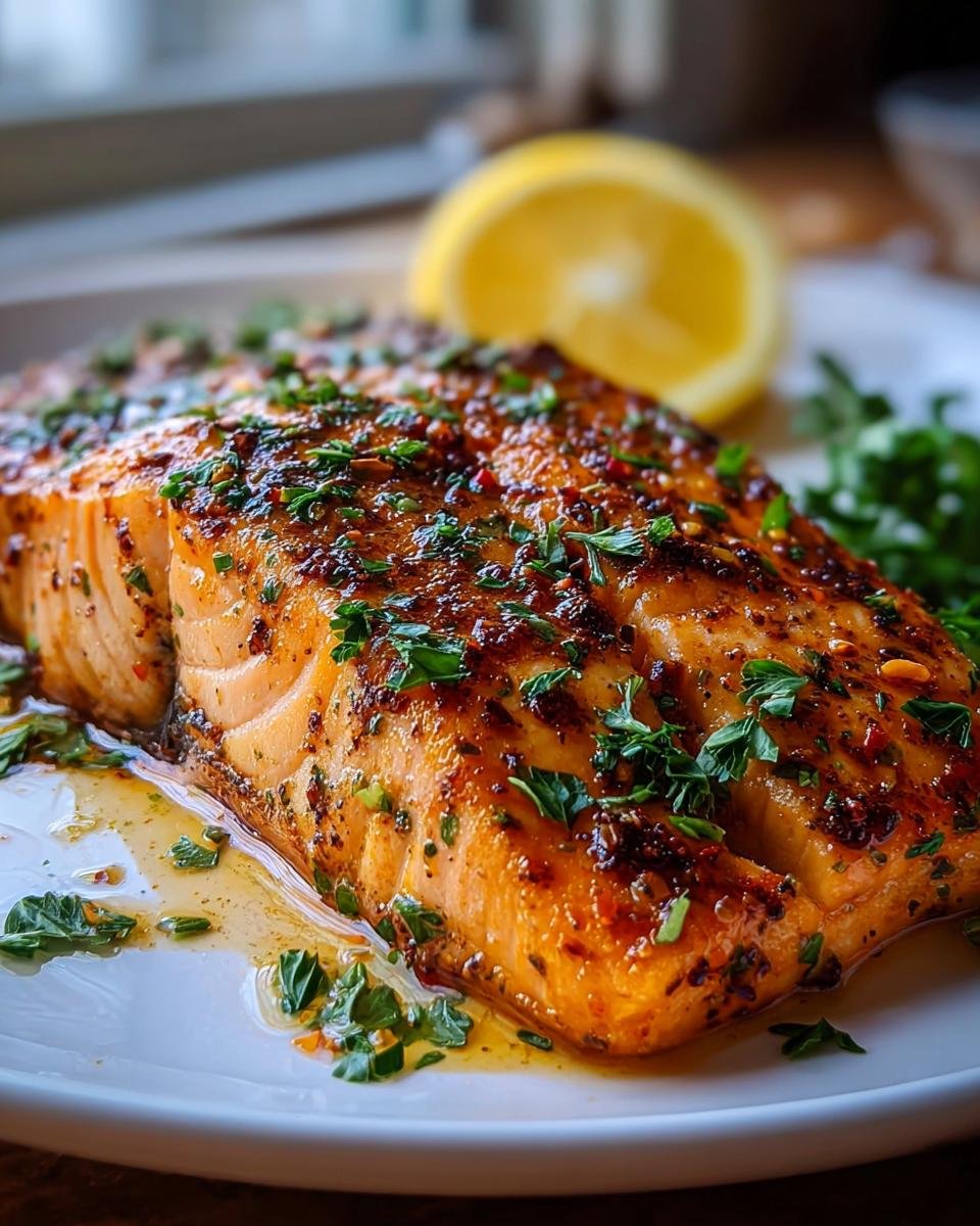 Close-up of a perfectly cooked, glazed salmon fillet topped with herbs, part of the Simple Texas Roadhouse Salmon Recipe.