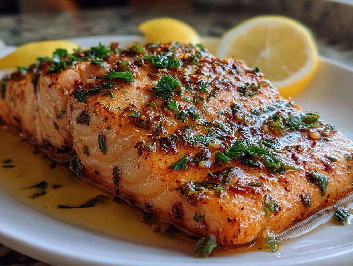 Close-up of a perfectly cooked Simple Texas Roadhouse Salmon Recipe fillet topped with herbs and butter sauce, served with lemon slices.