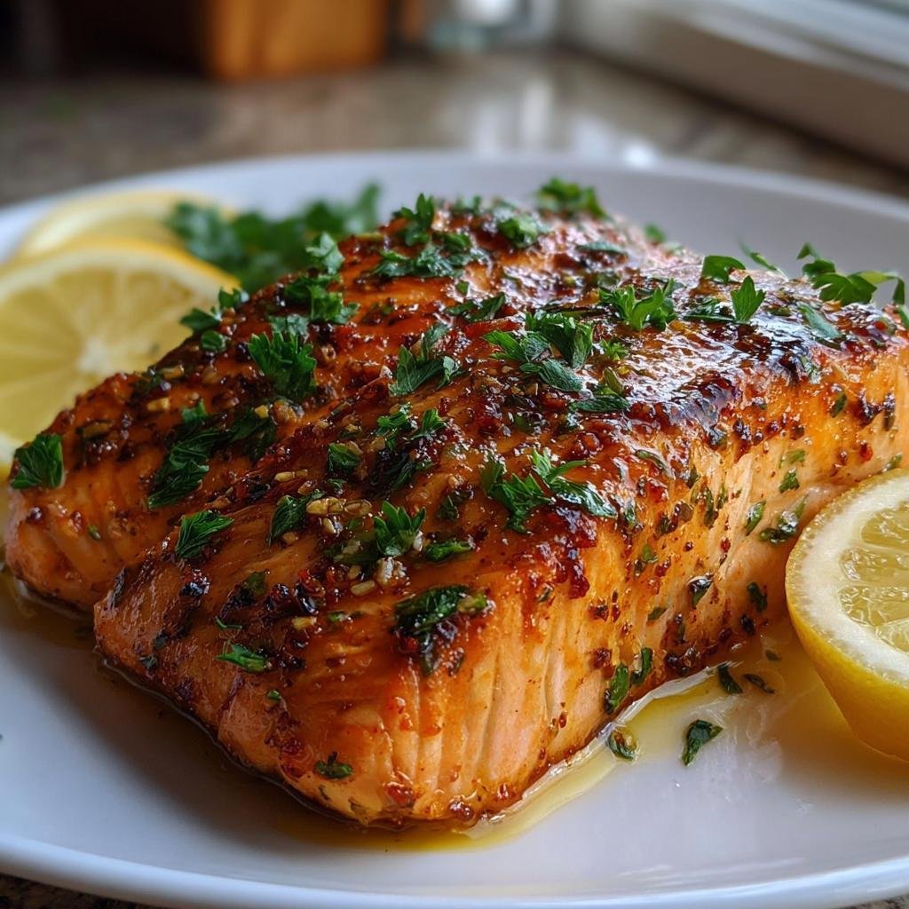 Close-up of a glazed, perfectly cooked Simple Texas Roadhouse Salmon topped with fresh parsley and lemon slices.