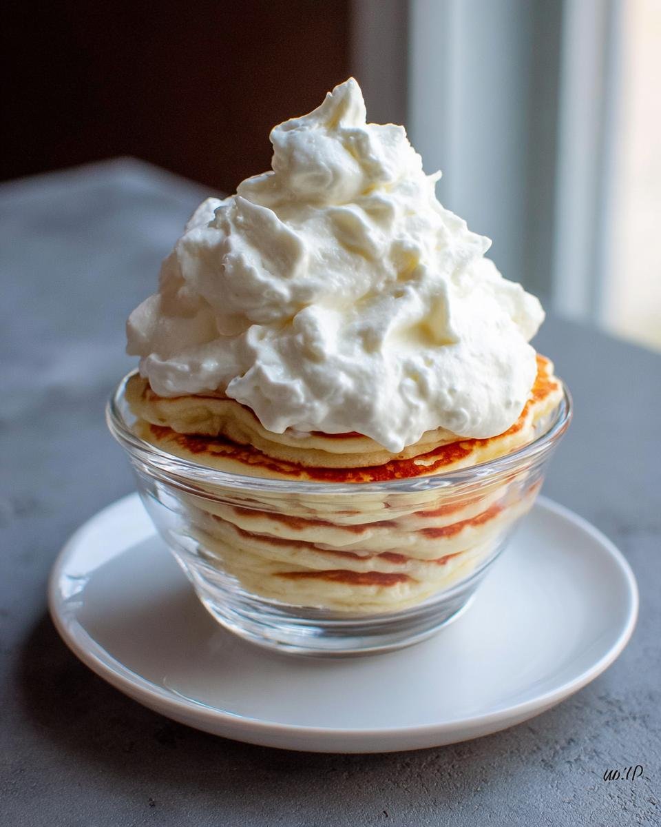 A stack of small, round Heart-Shaped Protein Pancakes served in a glass bowl, topped with a large mound of whipped cream.