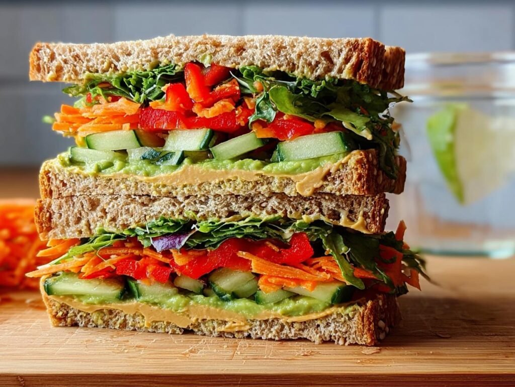 Tall, stacked sandwich featuring whole wheat bread, avocado, hummus, cucumber, carrots, and peppers, perfect for light & fresh lunch ideas.