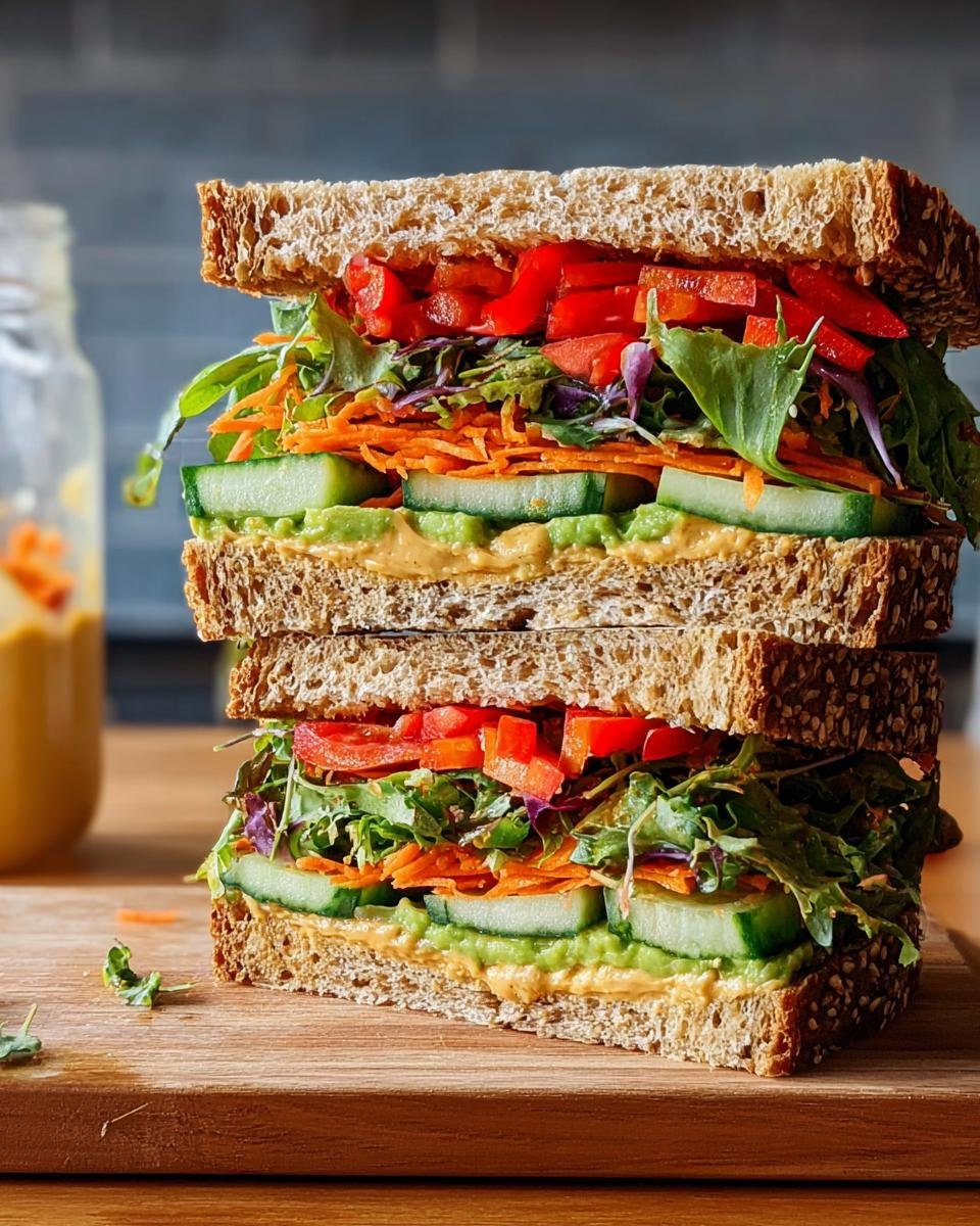 A tall, double-stacked sandwich loaded with fresh vegetables, perfect for Light & Fresh Lunch Ideas.