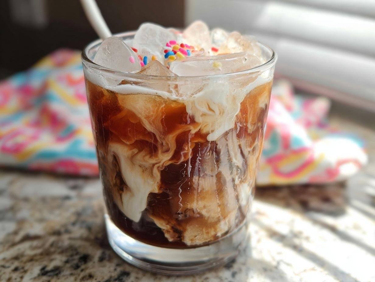 Close-up of a glass containing a Starbucks iced coffee order with cream swirling into the coffee, topped with ice and colorful sprinkles.
