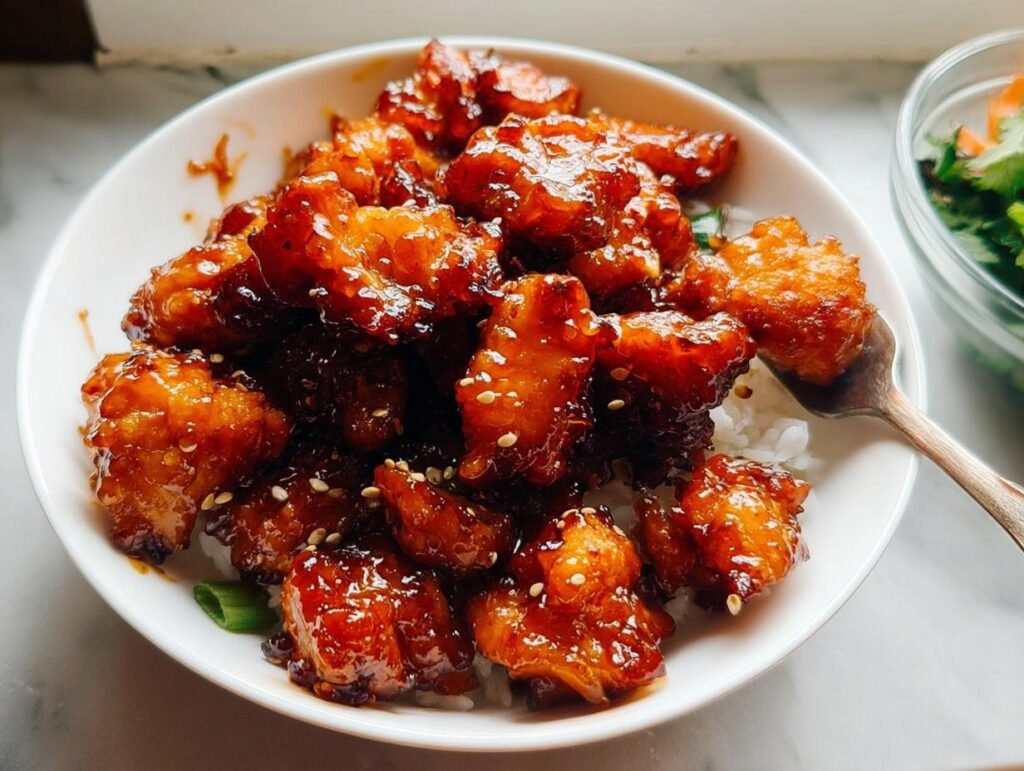 A bowl of sticky, glazed chicken pieces served over white rice, perfect for Healthy Cozy January Dinners.