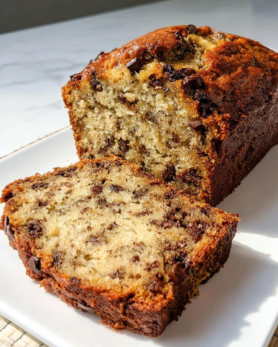 A loaf of chocolate chip banana bread, with one moist slice cut and resting against the main loaf.