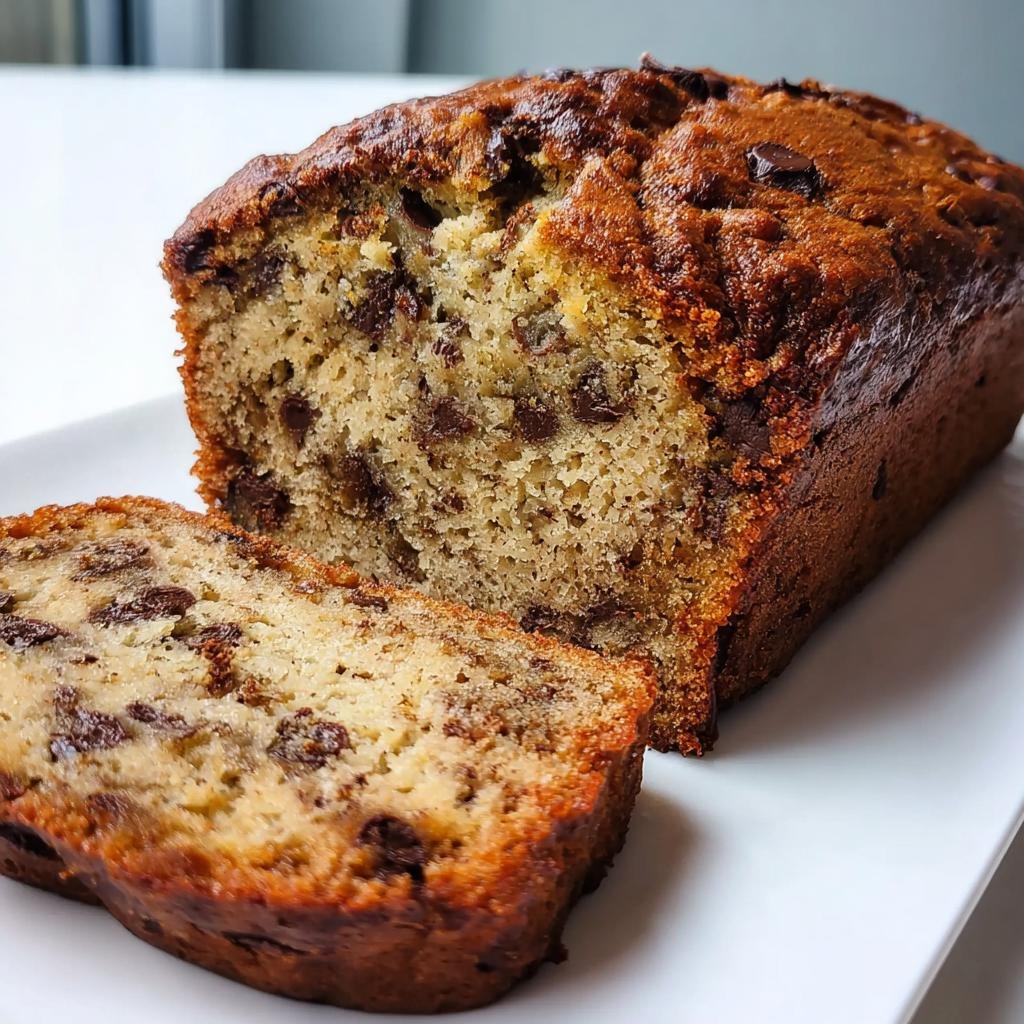 Close-up of a slice next to a loaf of super moist chocolate chip banana bread recipe.