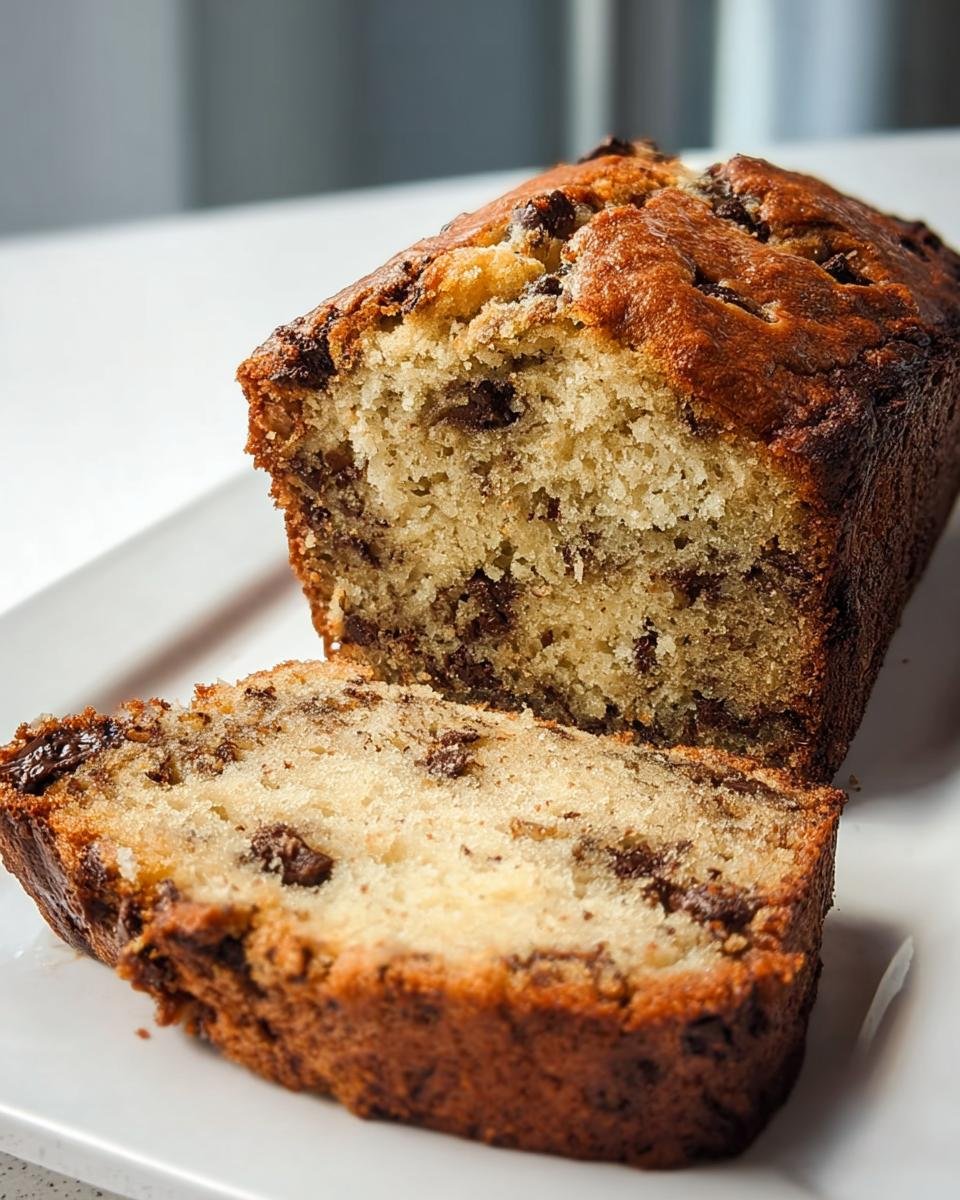 A close-up of a slice cut from moist chocolate chip banana bread recipe, showing the soft crumb and chocolate chips.