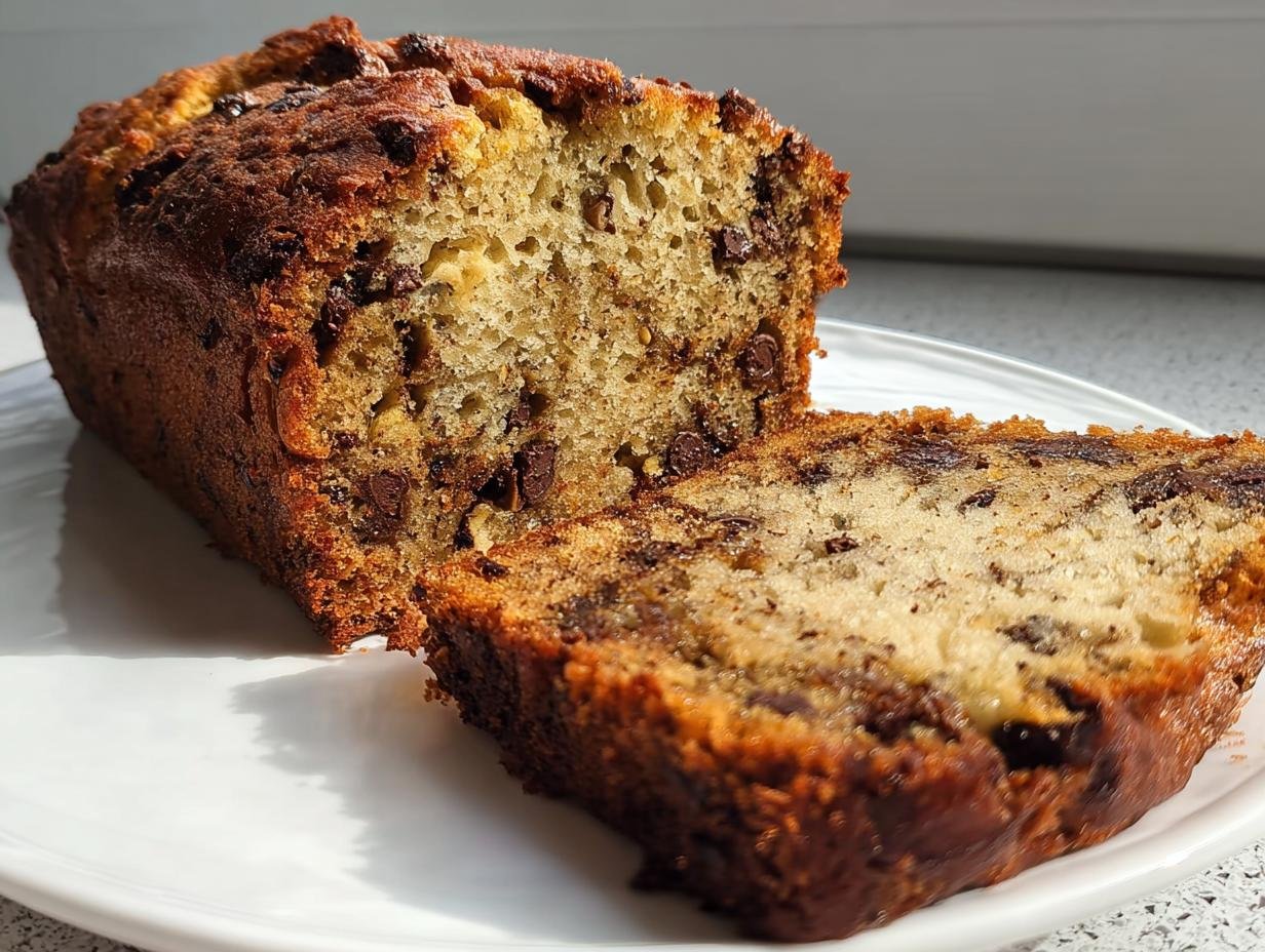 Close-up of a slice of super moist chocolate chip banana bread recipe, showing its tender crumb and melted chocolate chips.