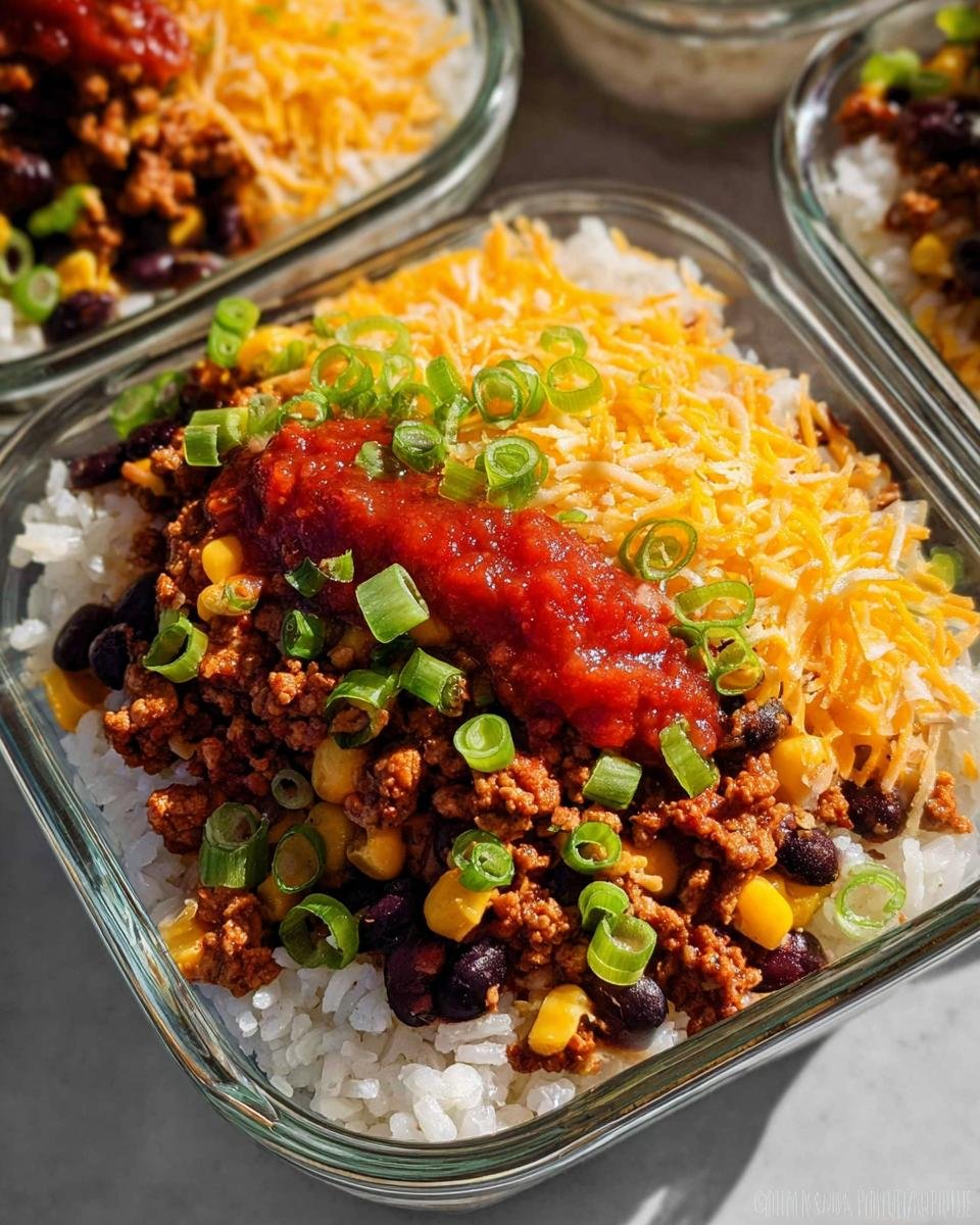 Close-up of a healthy meal prep taco bowl with rice, seasoned ground meat, beans, corn, salsa, cheese, and green onions.