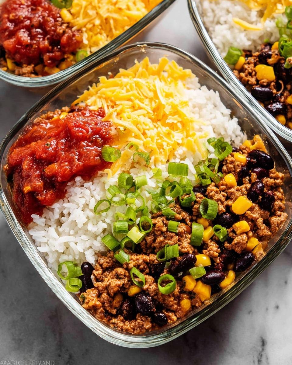 Close-up of a healthy meal prep taco bowl with rice, ground meat, black beans, corn, salsa, cheese, and green onions.