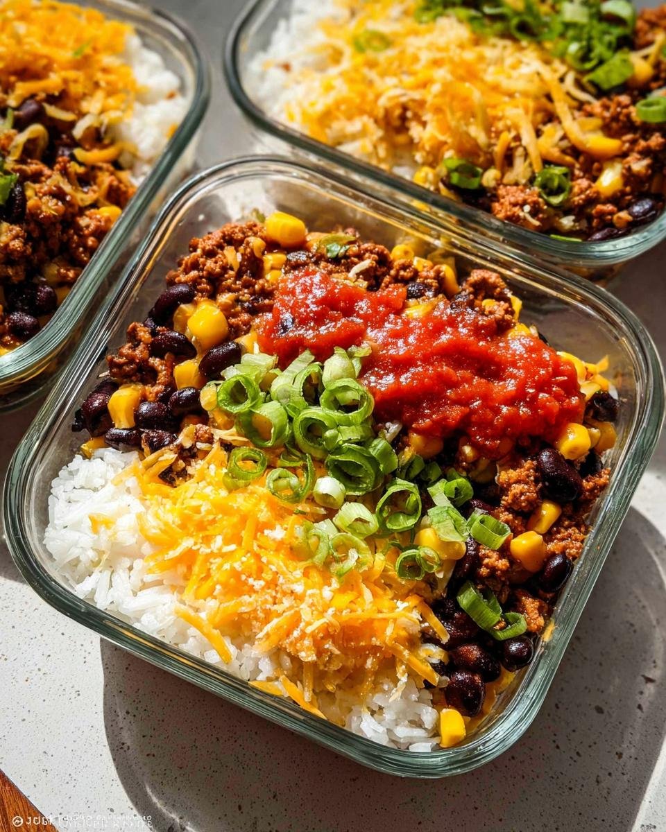 Close-up of a glass container holding a healthy meal prep recipe: rice, seasoned ground meat, black beans, corn, salsa, cheese, and green onions.