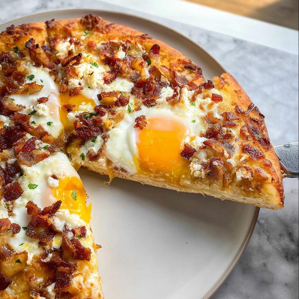 A slice of Breakfast Pizza topped with baked eggs, crispy bacon, and cheese being lifted from the whole pizza.
