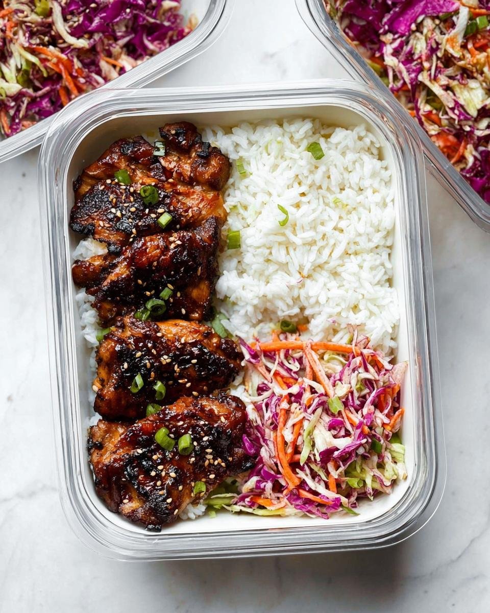 Meal prep container with teriyaki chicken, white rice, and colorful slaw, perfect for Easy Meal Prep Recipes for a Healthy Week.