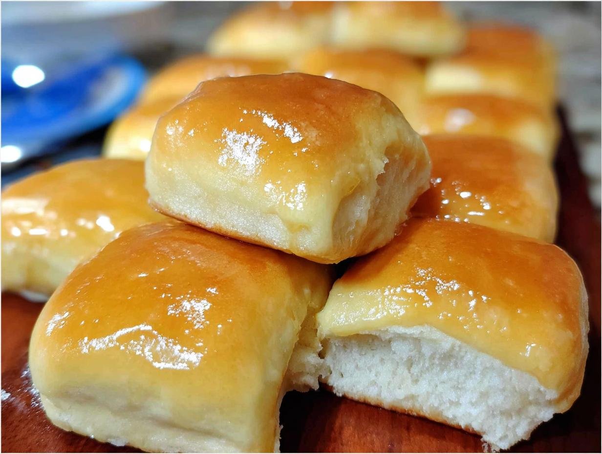 Close-up of glossy, honey-brushed Texas Roadhouse Butter Rolls, perfect alongside the Butter Chicken Skillet.