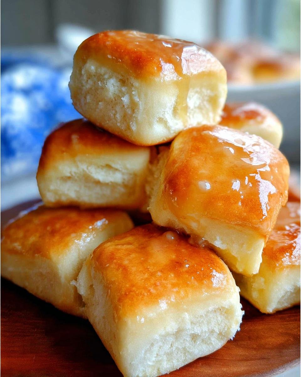 Close-up of warm, square Texas Roadhouse Butter Rolls stacked and drizzled with sweet glaze.