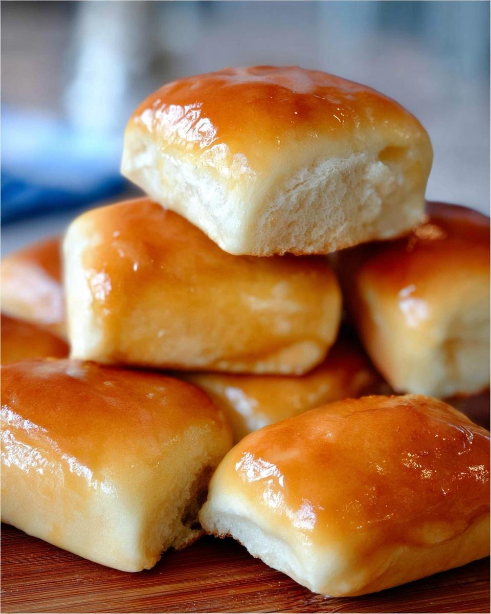 A stack of shiny, sweet yeast rolls, similar to Texas Roadhouse rolls, often served with butter chicken skillet.