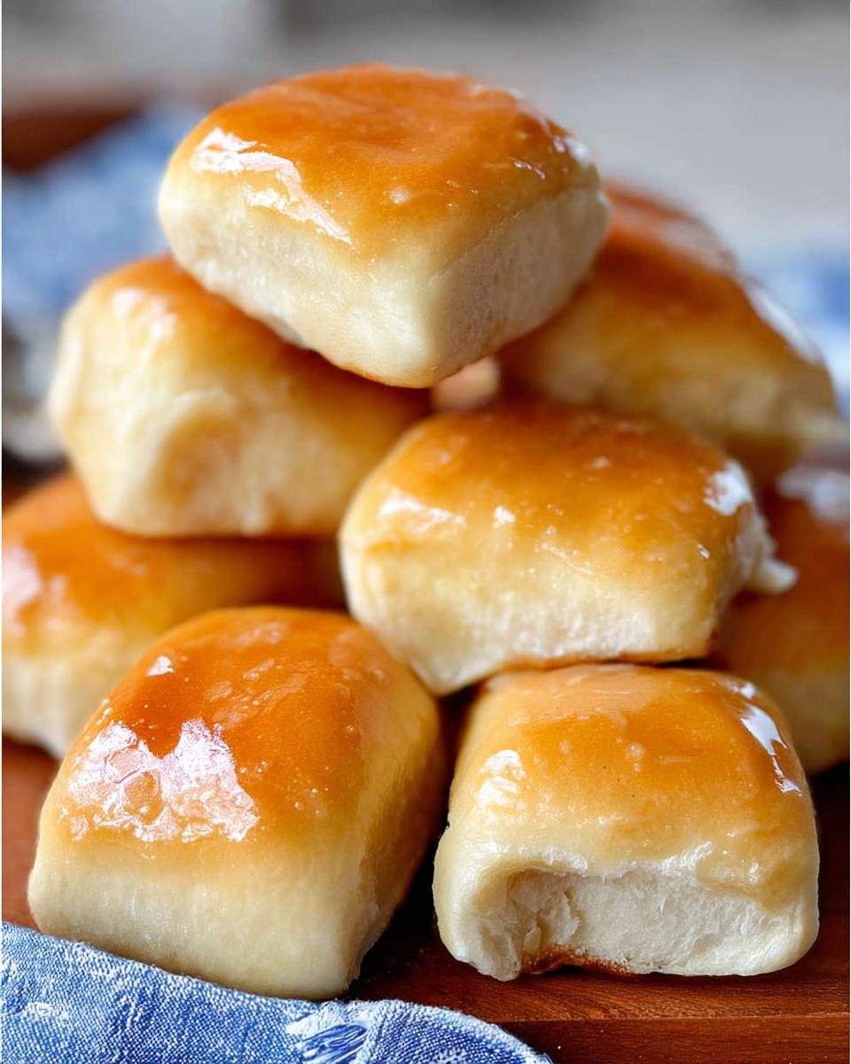 A stack of glossy, honey-glazed yeast rolls, perfect alongside the Texas Roadhouse Butter Chicken Skillet.