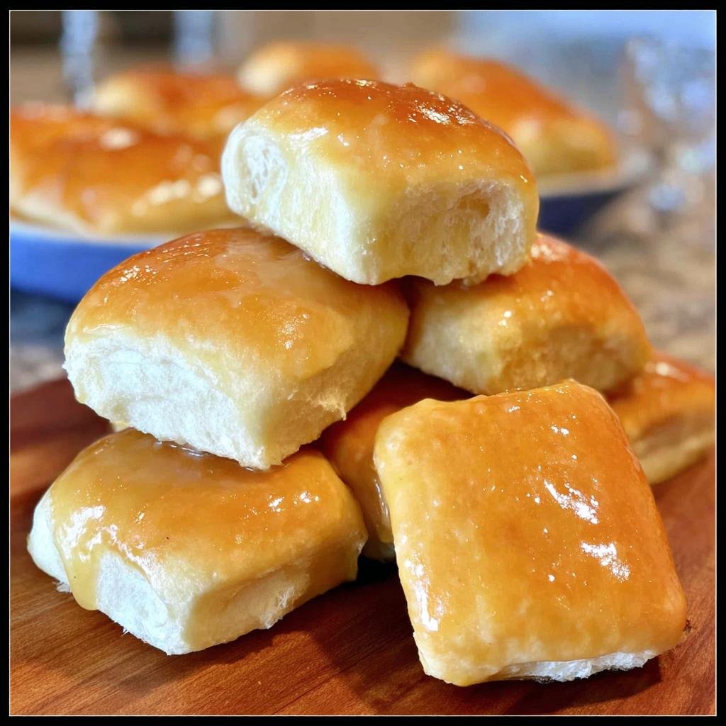 Pile of sweet, glazed rolls, similar to Texas Roadhouse rolls, served alongside the butter chicken skillet.