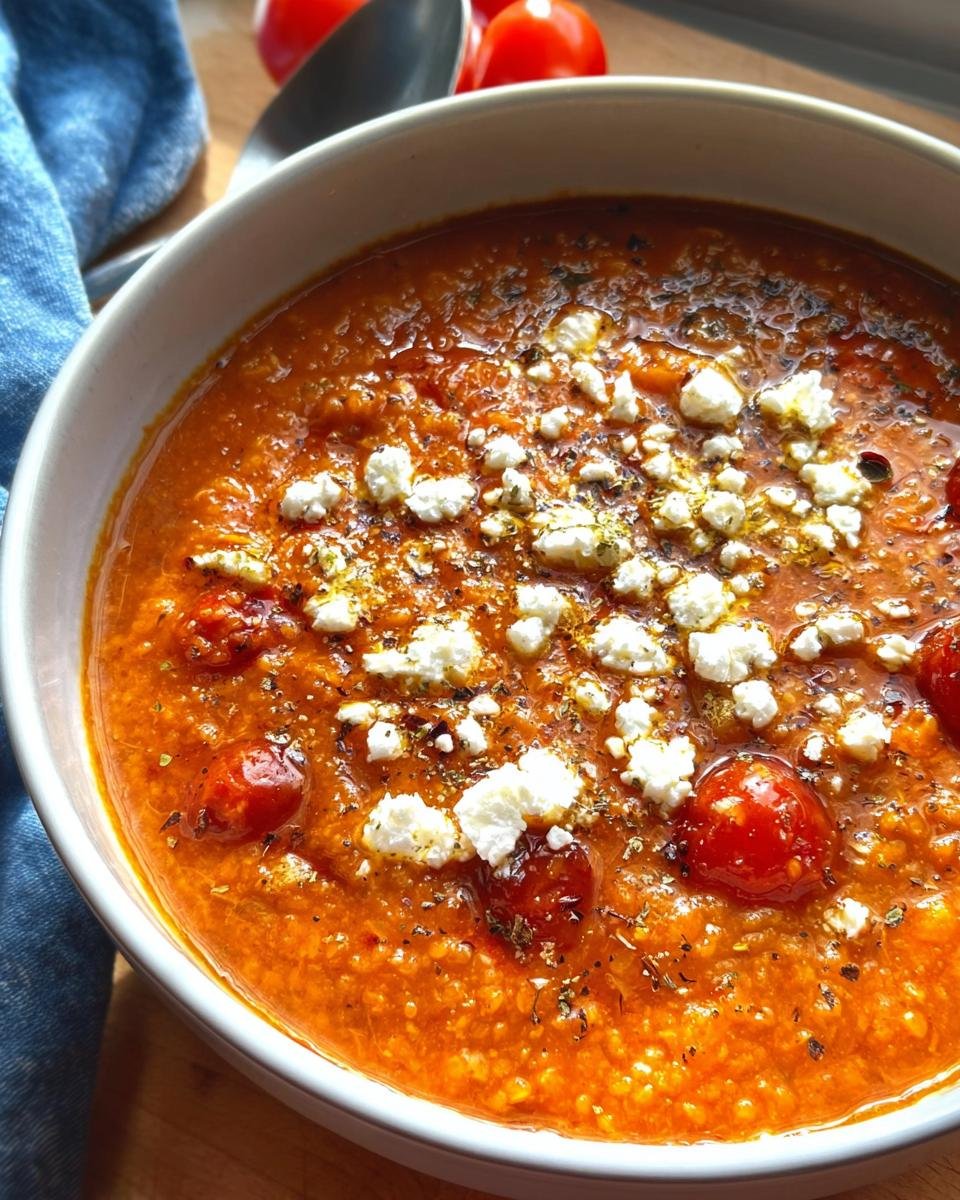 Close-up of a vibrant orange tomato soup topped with crumbled feta cheese and herbs, perfect for New Year Weight-Loss Dinner Ideas.