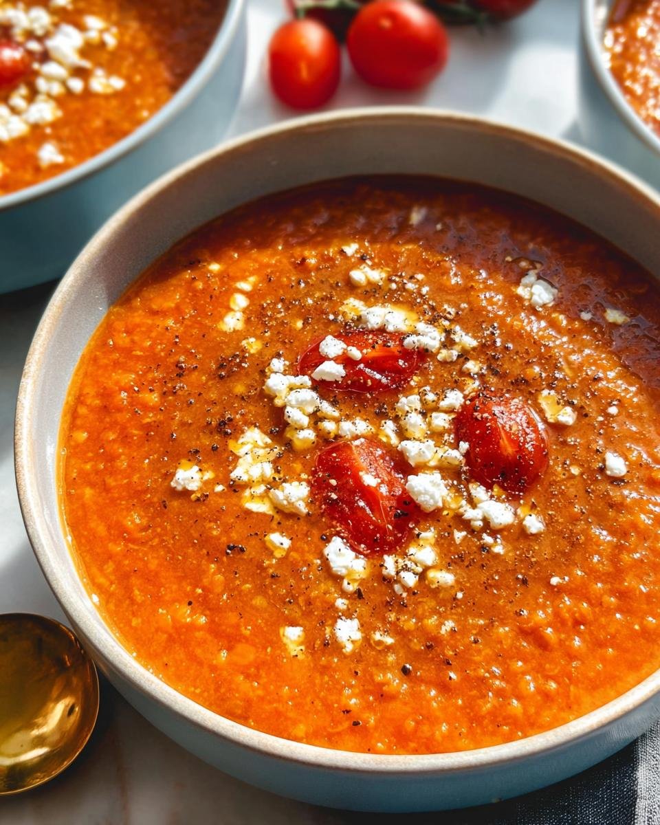 Close-up of a vibrant orange tomato soup topped with feta cheese crumbles and cherry tomato halves, perfect for New Year Weight-Loss Dinner Ideas.
