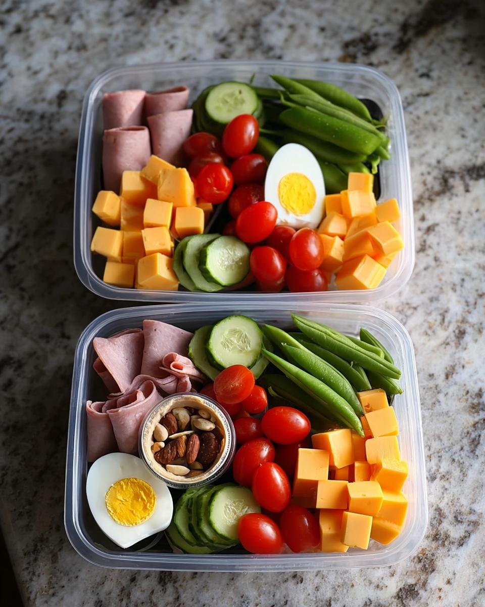 Two clear containers packed for a Quick High-Protein Lunch Box featuring cheese cubes, ham, hard-boiled egg, and vegetables.