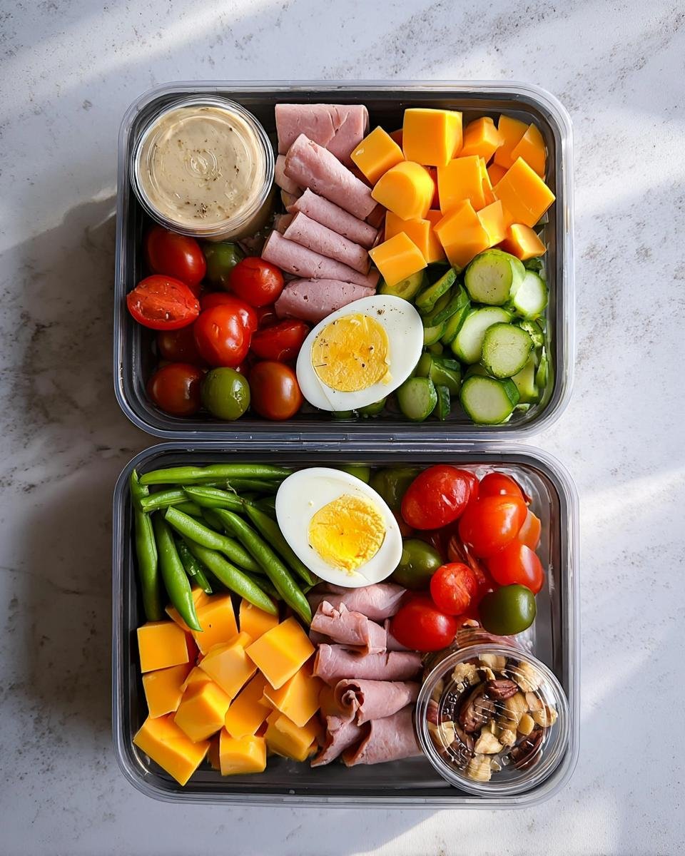 Two clear containers packed for a Quick High-Protein Lunch Box featuring eggs, cheese, ham, vegetables, and nuts.