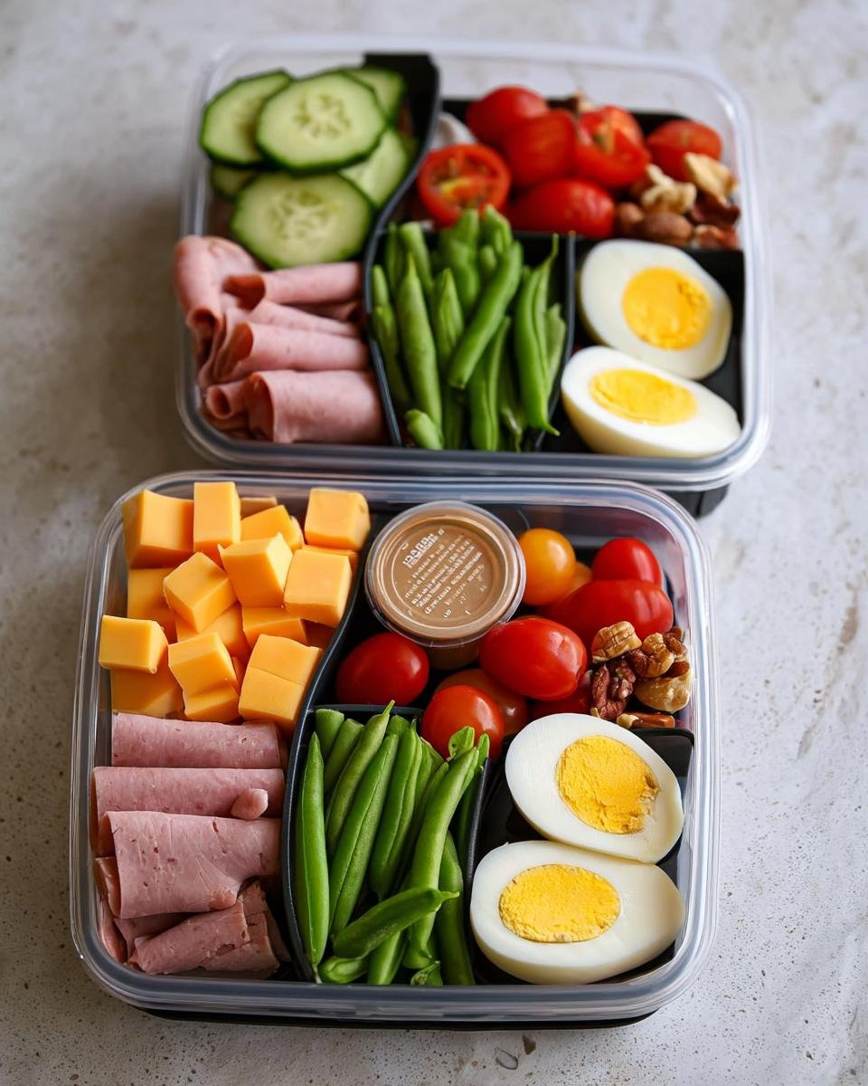 Two stacked bento boxes showing ingredients for a Quick High-Protein Lunch Box: cheese cubes, rolled ham, hard-boiled eggs, green beans, tomatoes, and nuts.