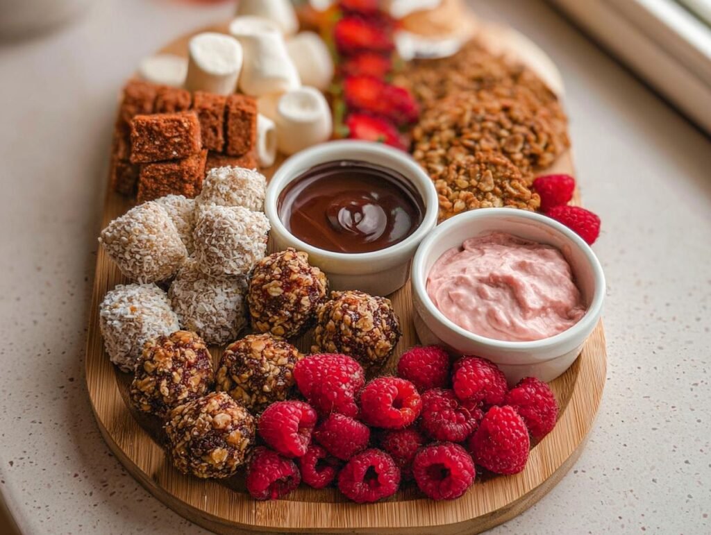 A wooden board featuring various Valentine’s Day healthy treats like energy balls, marshmallows, raspberries, and dipping sauces.