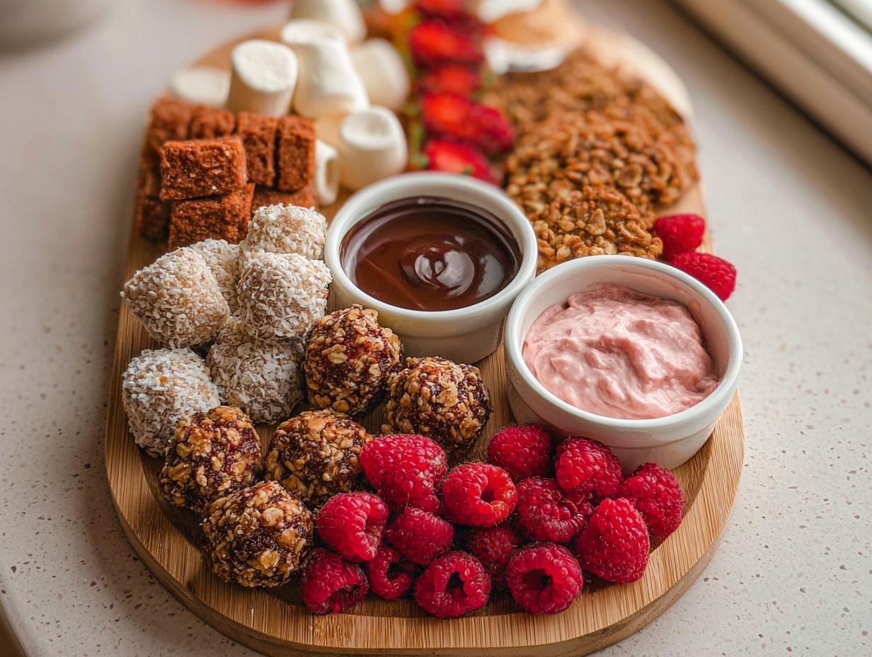 A wooden board featuring various Valentine’s Day healthy treats like energy balls, marshmallows, raspberries, and dipping sauces.