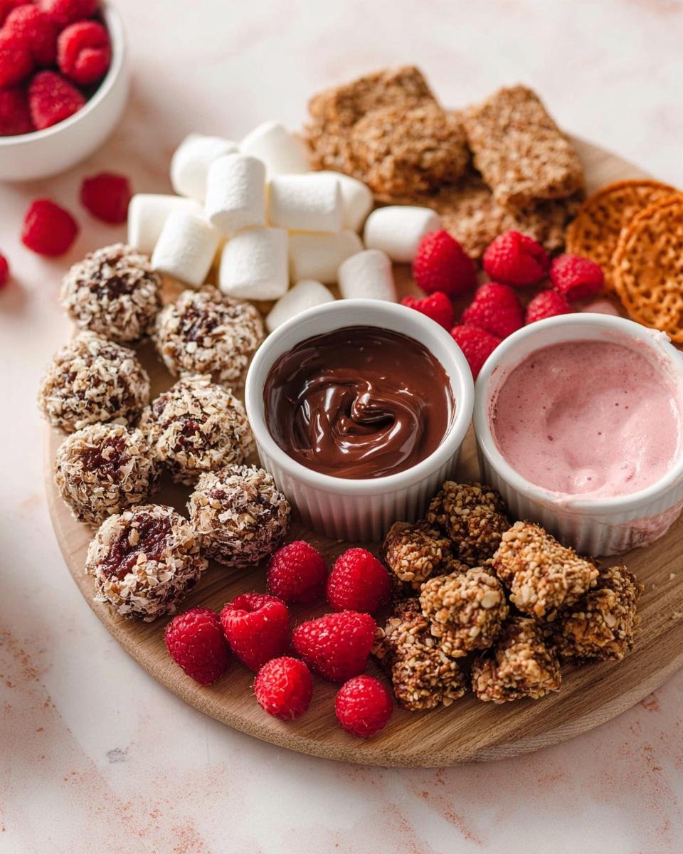 A wooden board featuring various Valentine’s Day healthy treats like raspberry bites, marshmallows, and dipping sauces.