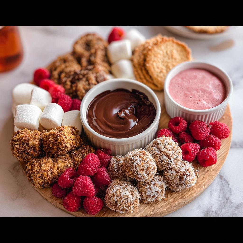 A wooden board featuring Valentine’s Day Healthy Treats like coconut balls, raspberries, marshmallows, and dipping sauces.
