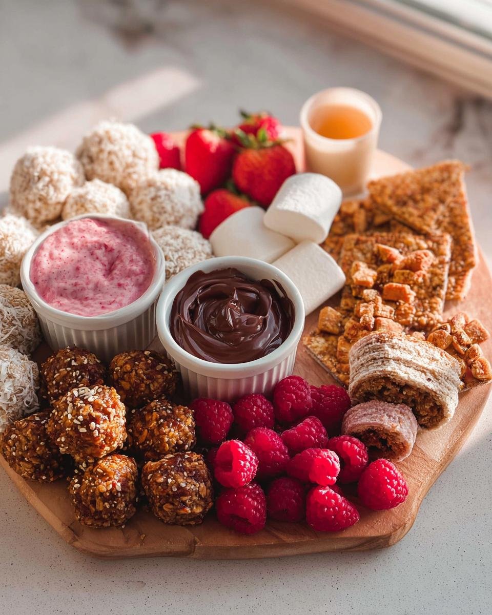 A wooden board featuring various Valentine’s Day healthy treats like energy balls, berries, and dips for a sweet snack.