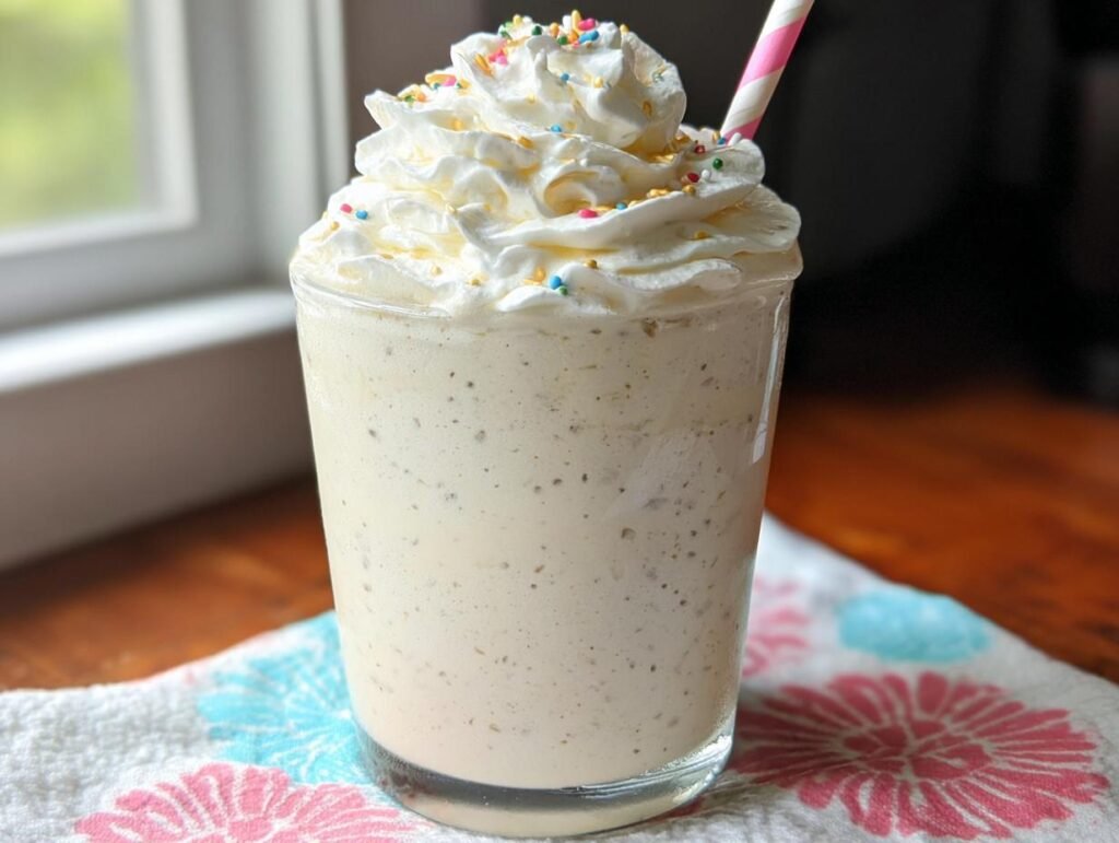 A tall glass of creamy Vanilla Bean Frappe topped high with whipped cream and colorful sprinkles.