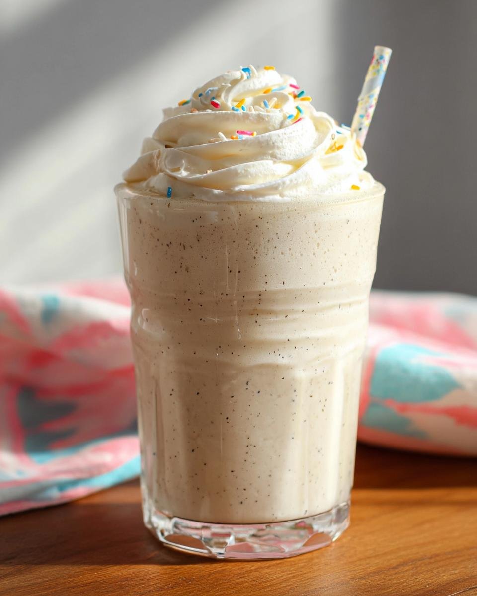 A tall glass filled with a creamy Vanilla Bean Frappe, topped with whipped cream and colorful sprinkles.