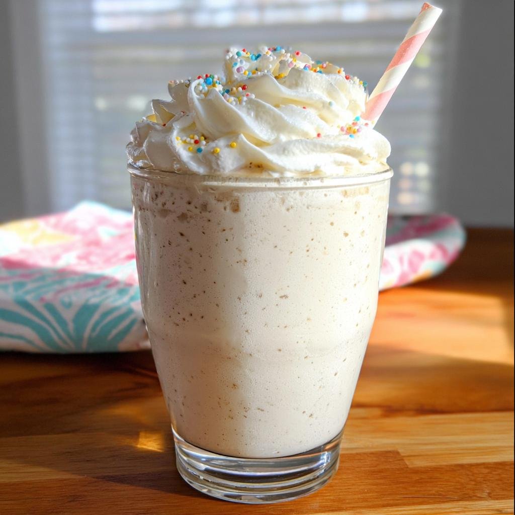 A tall glass of creamy Vanilla Bean Frappe topped with whipped cream and colorful sprinkles.
