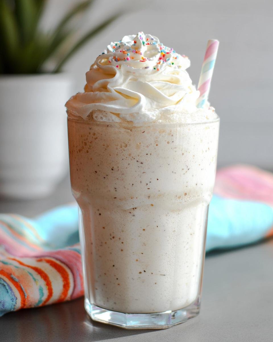 A tall glass filled with a creamy Vanilla Bean Frappe, topped with whipped cream and rainbow sprinkles.