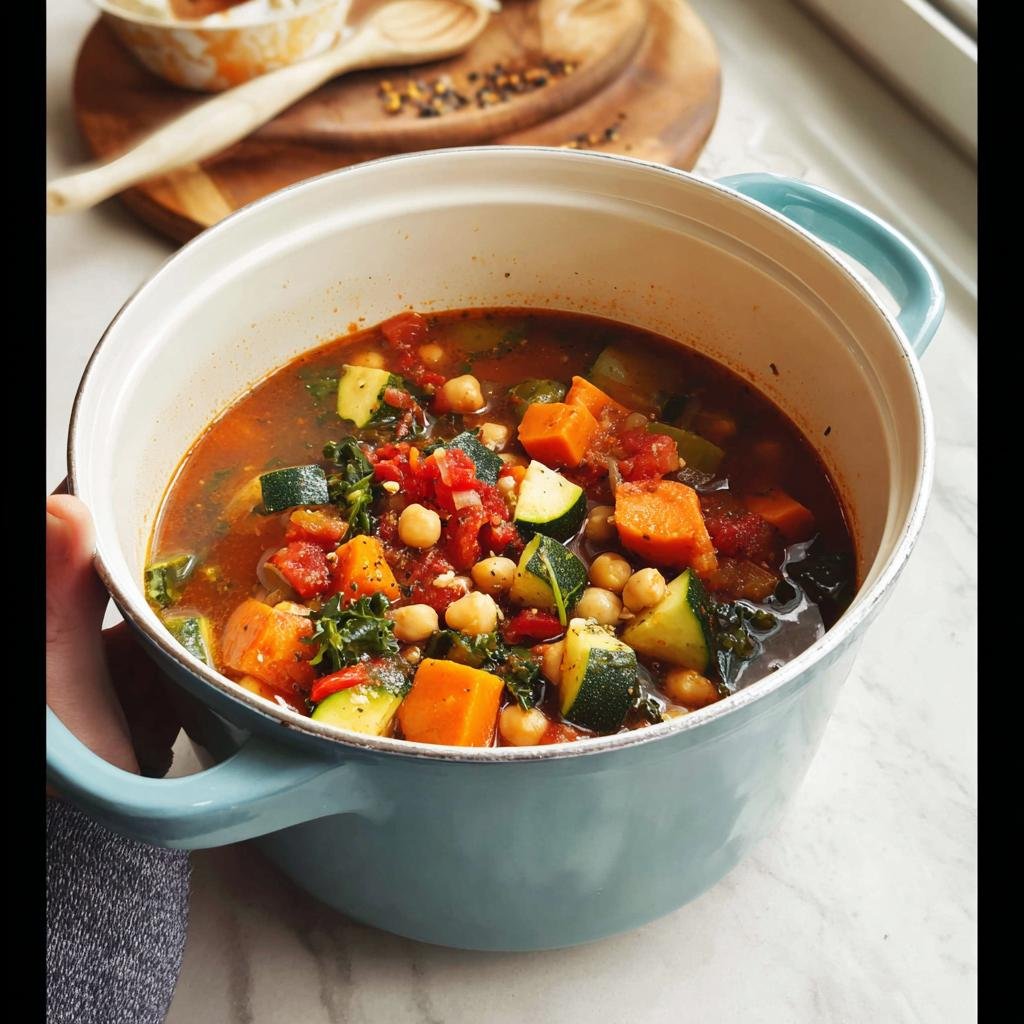 A light blue pot filled with a rich, chunky vegetable soup featuring chickpeas, sweet potatoes, and zucchini, perfect for Healthy Winter Soup Ideas.