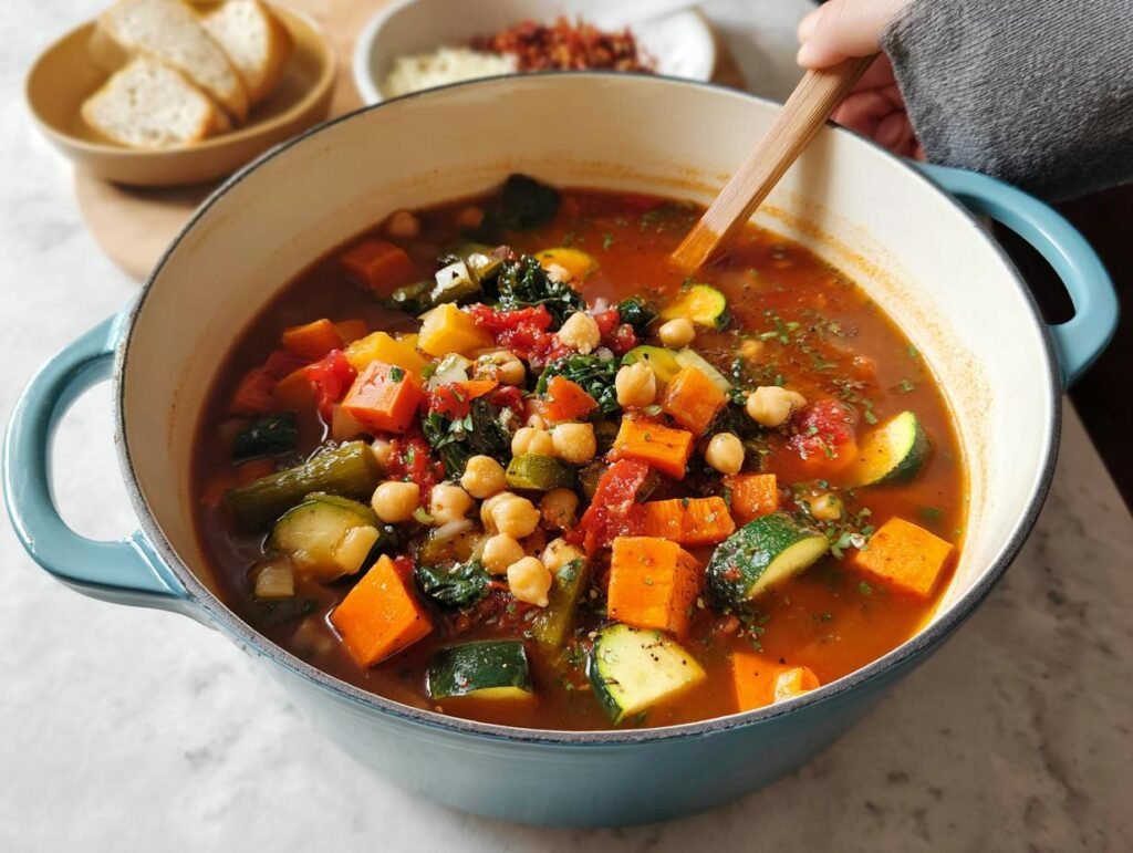 A large pot of vibrant vegetable soup featuring chickpeas, carrots, and zucchini, perfect for healthy winter soup ideas.
