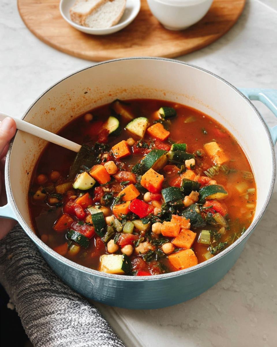 A light blue dutch oven filled with chunky, colorful vegetable soup, perfect for Healthy Winter Soup Ideas.