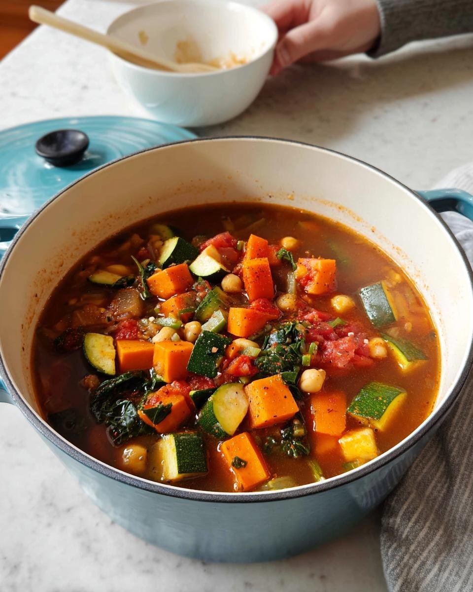 Close-up of a Dutch oven filled with chunky vegetable soup featuring sweet potatoes, zucchini, and chickpeas, perfect for Healthy Winter Soup Ideas.