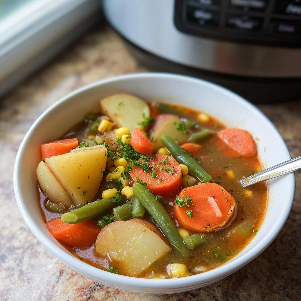 A bowl of vegetable soup with potatoes, carrots, and green beans, perfect for Light & Nutritious Dinner Recipes.