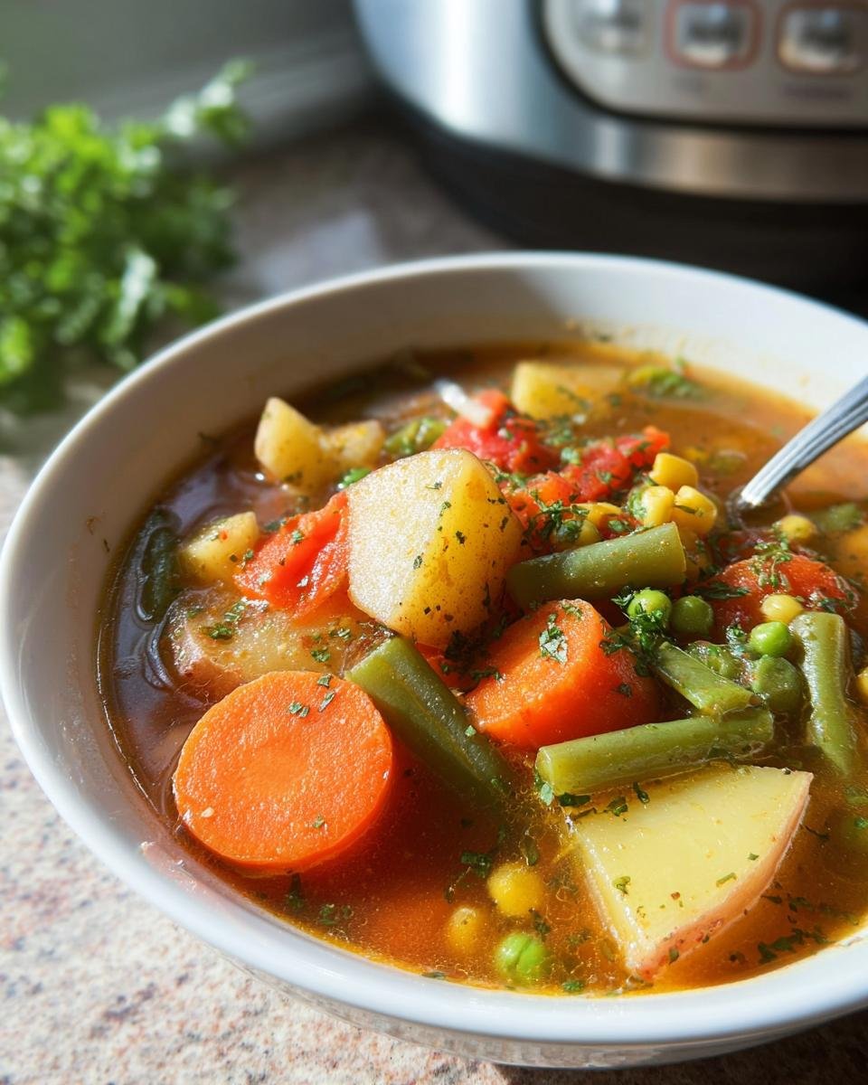 Close-up of a bowl of vegetable soup with potatoes, carrots, and green beans, perfect for Light & Nutritious Dinner Recipes.