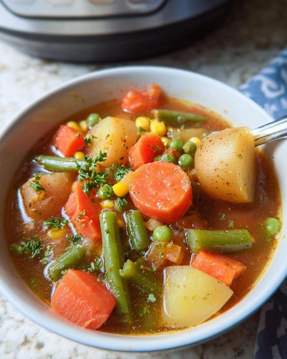 A close-up of a bowl of vegetable soup featuring potatoes, carrots, green beans, and peas, perfect for Light & Nutritious Dinner Recipes.